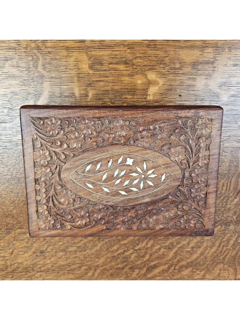 Vintage Nirmal India Hand Carved Wood Jewelry Box Floral Inlay 10